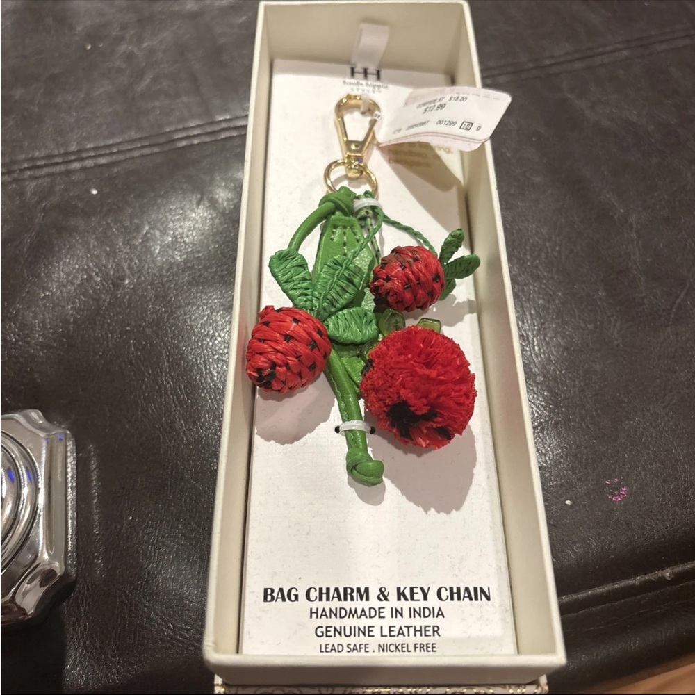 Haute Hippie Green and Red Leather Bag Charm Key Chain